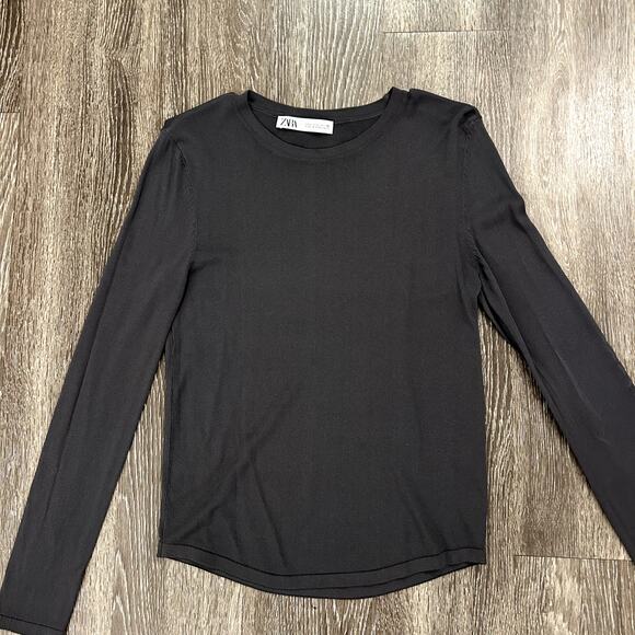EUC Zara Charcoal Long Sleeve Crewneck Knit Top Sz Large Fitted Minimal Layering - Picture 3 of 16